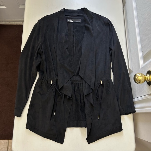 Zara Black Faux Suede Draped Waterfall Blazer Moto Jacket Open Front Size XS - Picture 11 of 14